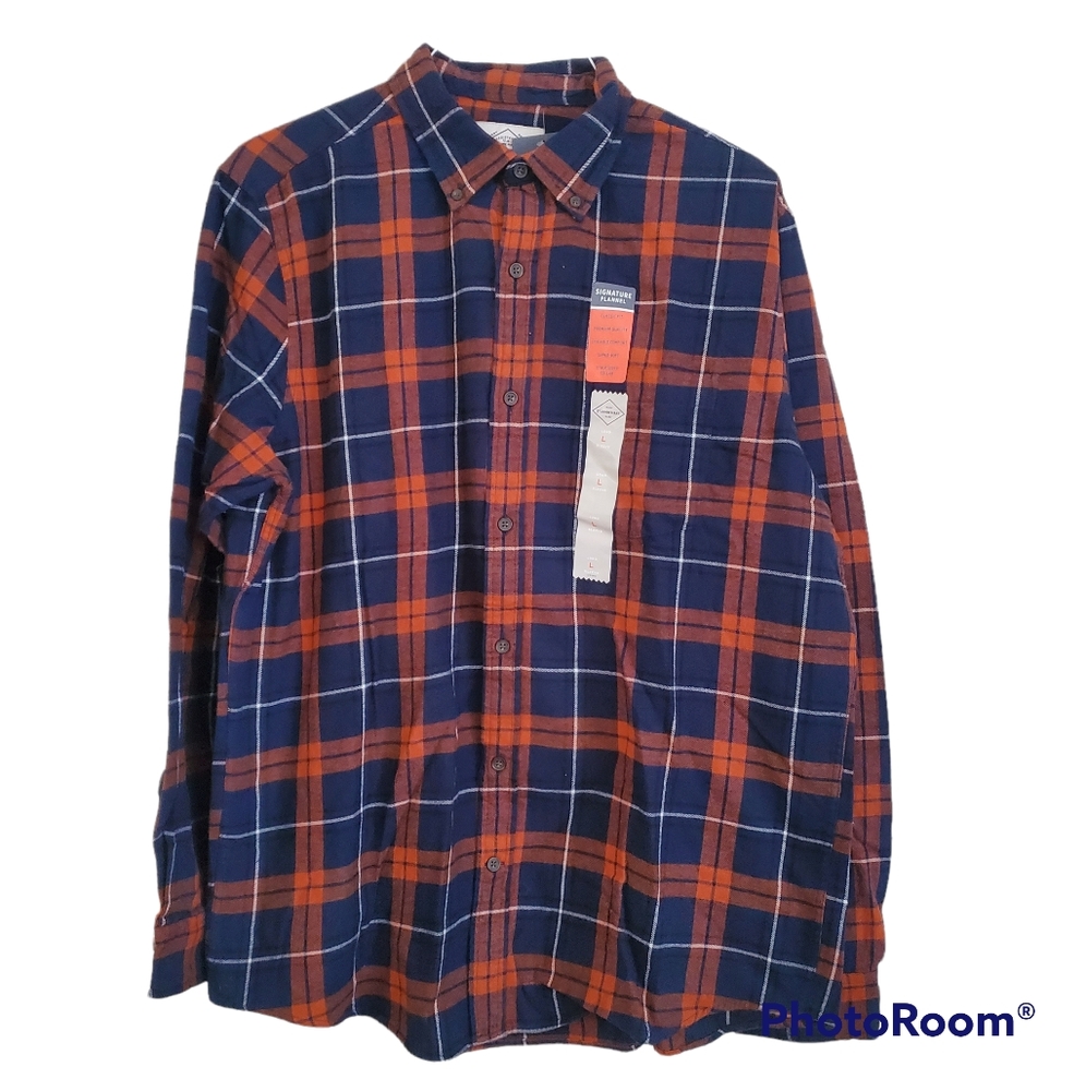 St. John Bay Flannel Blue/Cooper Plaid Long Sleeve Shirt Size Large